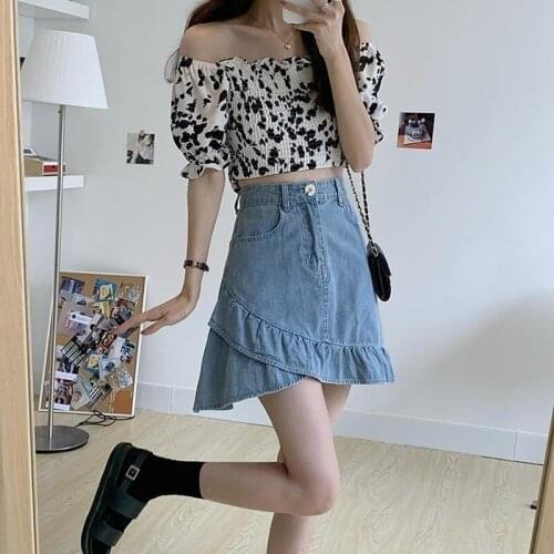 Harajuku Sexy Denim Mini Pleated Skirt Ladies Femme Summer High Waist Jeans Shorts Skirts Women Ruffles Fashion Korean Y39