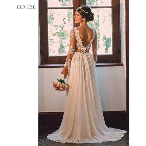 JIERUIZE chiffon lace appliques backless boho Wedding Dresses v-neck pearls long sleeves Bride Dresses Cheap Wedding Gowns