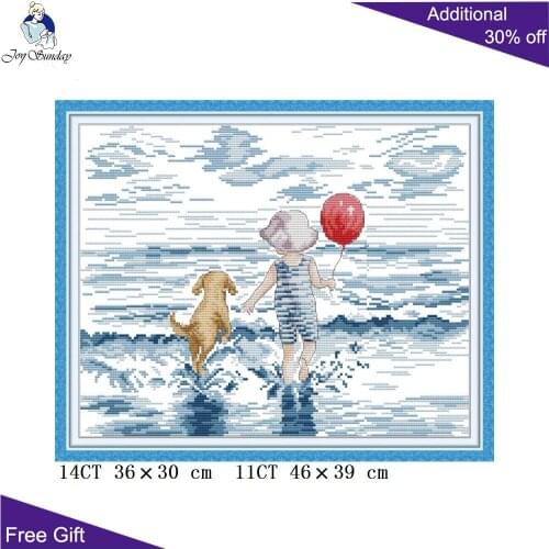 Joy Sunday Seaside RA348 14CT 11CT Counted and Stamped Boy Baby Dog And Sea Home Decor Embroidery Cross Stitch kits