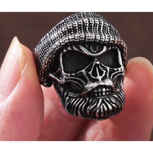 Gothic Stainless Steel Skull Ring For Men Punk Hip Hop Biker Bearded Hat Skull Men Ring Jewelry Gift Wholesale Size 7-13