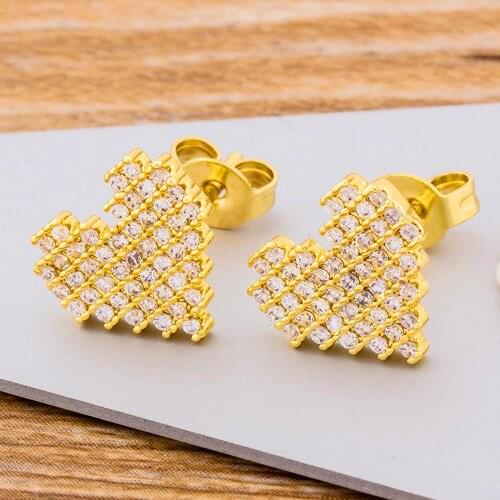 New Trendy Romantic Heart Design Rhinestone Copper CZ Earrings Gold Color Studs Crystal Jewelry For Women Wedding Engagement