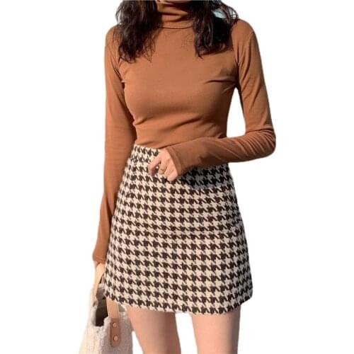 2021 New Womens Houndstooth Woolen A-Line Skirt Bag Hip Skirt Short Skirt Winter With Sweater