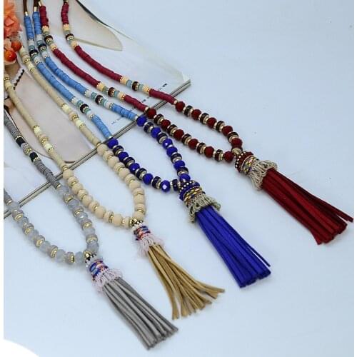 Hot Selling Color Tassels Statement Long Necklaces Glass Beads Neck Chain Women Ethnic Jewelry Female Bijoux Statements N15561