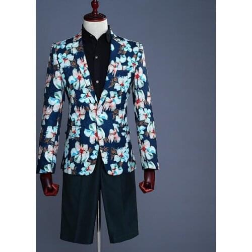 Singer star style dance stage printing clothing for men groom suit set with pants 2020 mens wedding suits costume formal dress