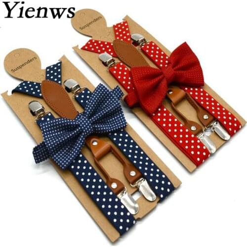 Yienws Polka Dot Bow Tie Suspenders for Men Women 4 Clip Leather Suspensorio Adult Bowtie Braces for Trousers Navy Red YiA119
