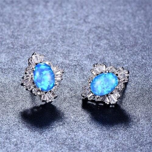 JUNXIN Boho Blue Fire Opal Stud Earrings For Women Silver Color Jewelry Oval Double Wedding Earrings