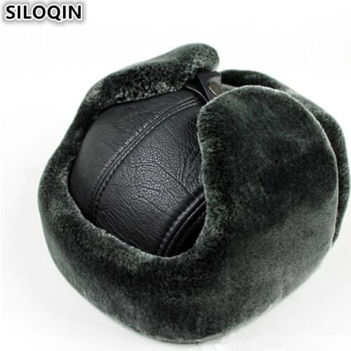 SILOQIN Genuine Leather Hat Winter Mens Earmuffs Hat Bomber Hats Thick Plus Velvet Warm Dad Cap Sheepskin Leather Caps For Men