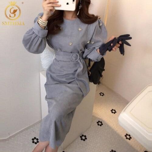 SMTHMA 2020 New Fashion Chic Spring Dress Women Casual Retro Corduroy Belt Dress Female Vintage Elegant Party Dresses