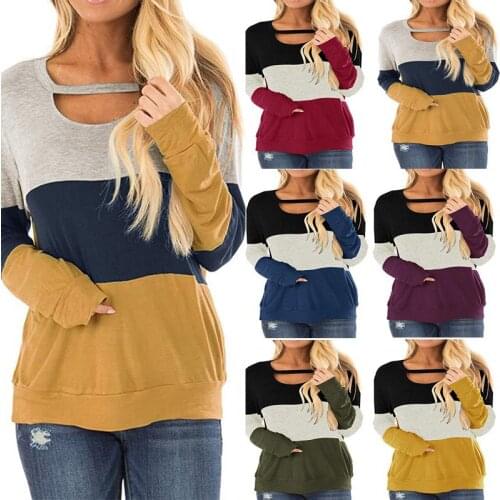 Spring Womens Round Neck Long Sleeves T-shirt Stripe Splice Hollow Personality Pullover Casual Loose Tops