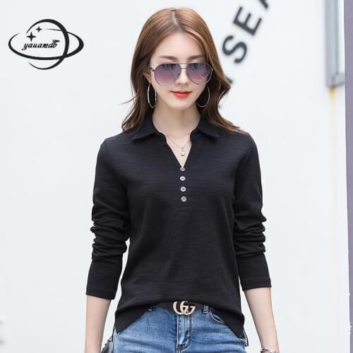 Yauamdb Women Polo Shirts Spring Autumn Size M-4XL Cotton Female Tops Tees Clothing Long Sleeve Solid Color Ladies Clothes Y56