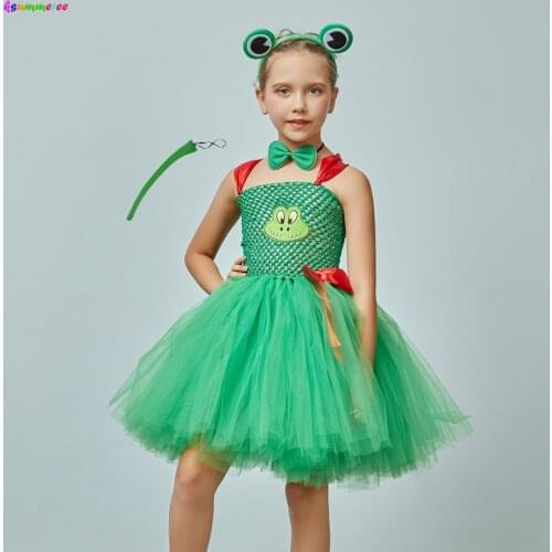 Green Frog Animal Costume for Girls Hallowen Dress Up Outfit Handmade Tulle Kids Tutu Dress Birthday Party Cosplay Vestidoes