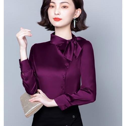 TingYiLi Bow Stand Collar Silk Satin Shirts Elegant Women Button Front Long Sleeve Blouses Pink Green Blue Purple Shirts Autumn