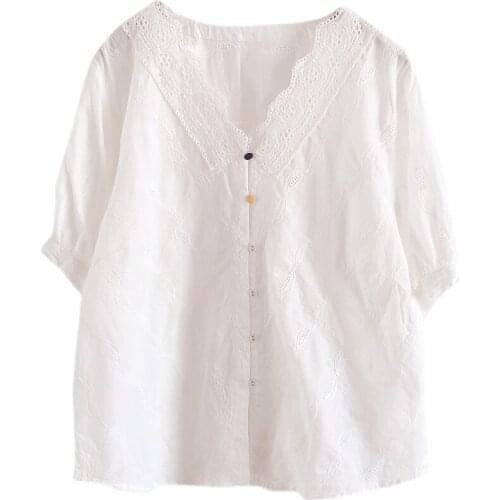 FairyNatural Women Unique Hook Hollow Out Shirts V-Neck Colorful Buttons Cotton Short Sleeve Vintage White Tops Summer