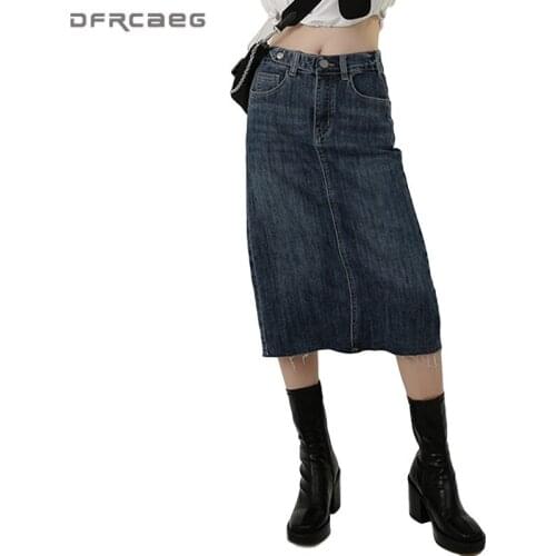 Deep Blue Vintage Straight Denim Skirt Women High Waist Stretch Sexy Split Ladies Jean Long Skirts Retro Saia Femme