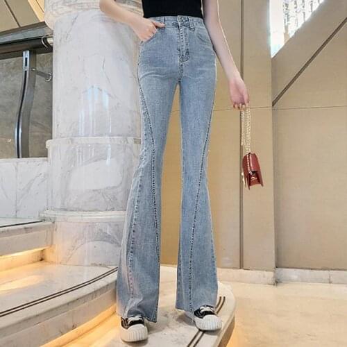 2021 Spring Summer Long Flared Pants Womens High Waist Jeans Long Flared Chic Denim Pants Elastic Slim Casual Trousers Feme