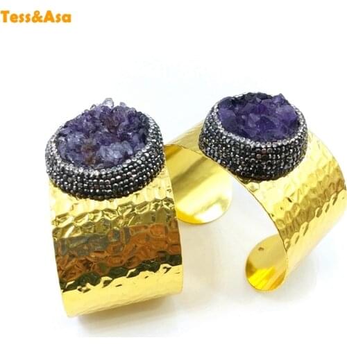 Nature Amethysts Quartz Rings Crystal Zircon Paved Amethysts-Druzy Ring Jewelry Gold Bezel Amethysts Finger Rings Jewelry Women