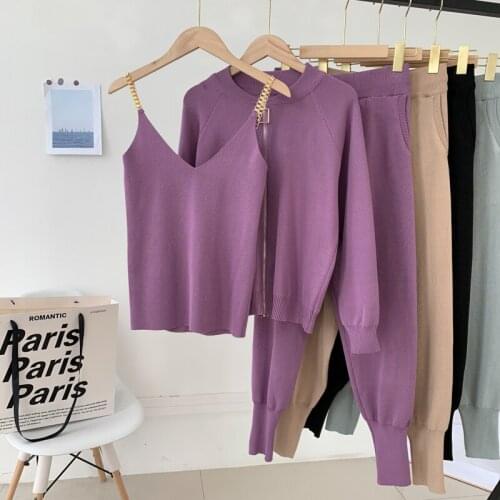 Autumn Casual Womens Knitted Suit 3 Piece Set Female Outfits Solid Cardigan Jacket Top V-Neck Camisole High-waist Harem Pants