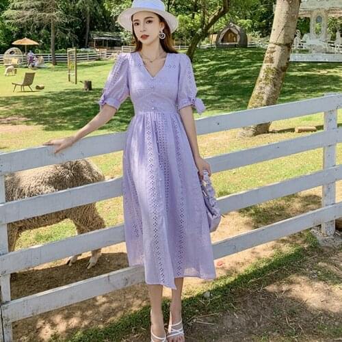 2021 Women Vintage Dress Summer Short Puff Sleeve A-line Vestidos Casual Sexy V-neck Purple/White Dresses Female