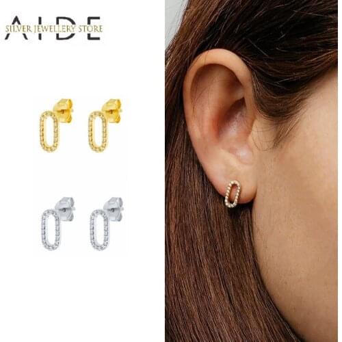 AIDE Minimalism Zircon Oval Stud Earrings For Women Fashion Hollow O Shape Piercing Earings Fine Jewelry pendientes plata 925