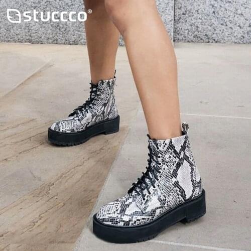 Boots for Women Platform Shoes Genuine Leather Motorcycle Boots Snake Print Booties Woman Plus Size 43 Black Boots Flat Non-slip