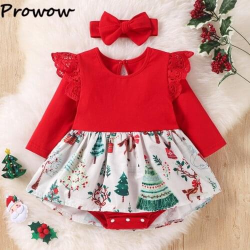 Prowow My First Christmas Clothes For Baby Girl Christmas Rompers Xmas Print V-Neck Lace Bodysuit For Newborns New Year Costume