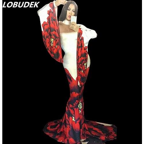 Red Flowers Pattern Flare Sleeve Long Dress Fishtail Dress Sexy Prom Party Celebration Singer Stage Outfit Host Catwalk Costume