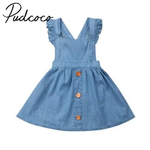 New Toddler Baby Dress Denim Kids Girls Shoulder Straps Casual Button Backless Dress