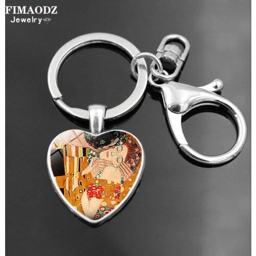 FIMAODZ Gustav Klimt The Kiss Heart Keychain Glass Crystal Vintage Women Photo Alloy Key Chain Couple Valentines Day Gift