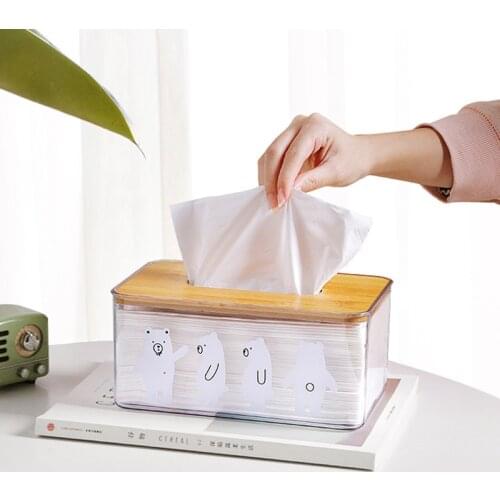 Acrylic Transparent Tissue Box with Wooden Lid Plastic Cartoon Paper Box Napkin Clear Bin Table Hand Towel Wipes Dispenser Case