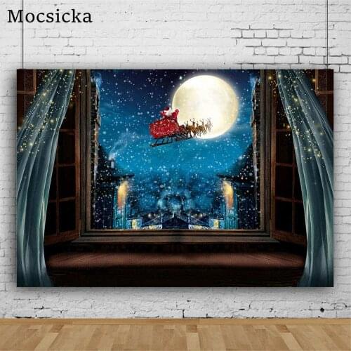 Mocsicka Winter Christmas Backdrop for Photo Studio Window Santa Claus Moon Snow Scene Child Photocall Photo Background Decor