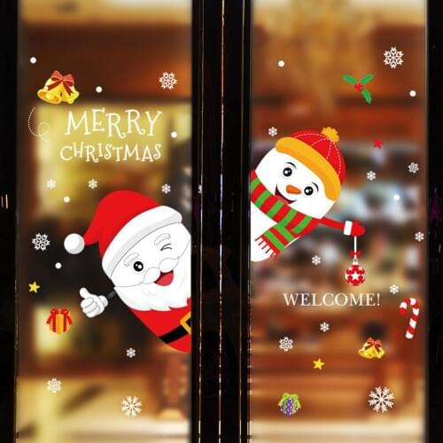 Cartoon Santa Claus Snowman Snowflake Wall Stickers For Office Shop Home Door Window Decoration Christmas Festival Wall Decals