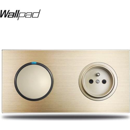 Wallpad L6 Gold 1 Gang Light Switch Blue LED Indicator French Electric Outlet Wall Socket Gold Brushed Aluminum Metal Panel