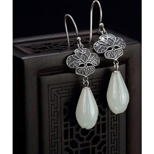 Natural 925 sterling silver lotus inlaid hetian white jade orchid earrings jewelry simple individuality for women earings