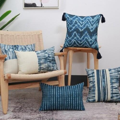 Ethnic Blue Tie dye Cushion Cover Tassels Decoration Geometric Pillow Cover 45x45cm / 30x50cm Sofa PillowCase Pillow Sham