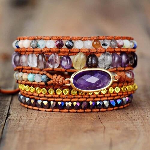 New Luxury Leather Wrap Bracelet W/ Natural Stones Purple Beads Quartz Weaving Statement Boho Bracelet Wholesale Dropshipping
