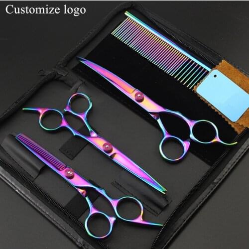 Customize 4cr steel 4 kit 7 inch Pet dog grooming shears hair scissors thinning pet cutting curved barber hairdressing scissors