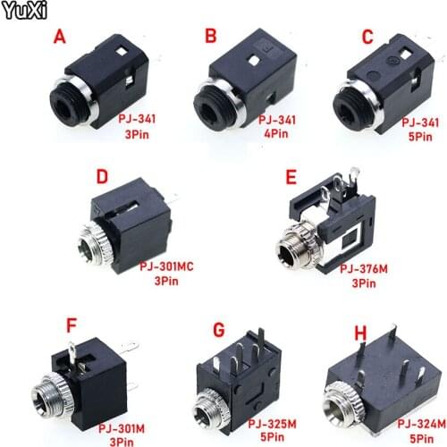 10Pcs PJ341 301 376M 301M 325M 3.5MMStereo Female Sockect Jack with Screw 3.5Audio Headphone Connector PJ-324 Cylindrical Socket