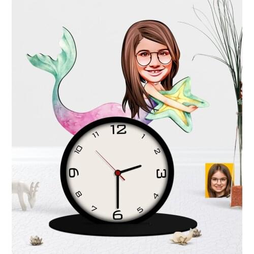 Personalized Mermaid Caricature Of Wooden Trinket Table Clock Reliable Modern Simple Gift Special Design Good Quality Surprise dear