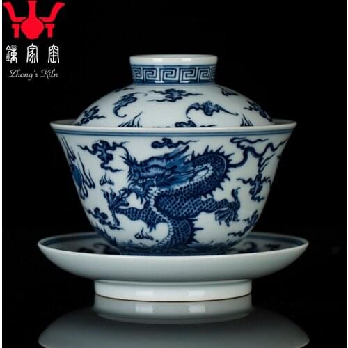 Underglaze wood kiln tricai bowl tea cup high-grade dragon and Phoenix tea set in Jingdezhen, Zhongjia kiln