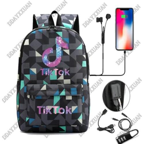 Tik Tok Backpack Zipper USB Charging Bags Women Men Anti-theft School Bags for Teenagers Boys Girls Splicing Mochila infantil