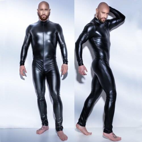 Sexy Lingerie Men zipper wetlook black Faux Leather Catsuit Plus XXXL Size jumpsuit bodysuit x6721