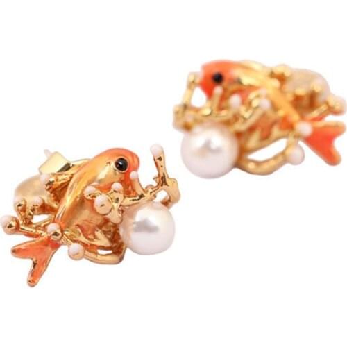 New Atlantis Ocean Series Orange Cute Personality Trend Small Fish Coral Pearl Earrings Stud Earrings without pierced ear clips