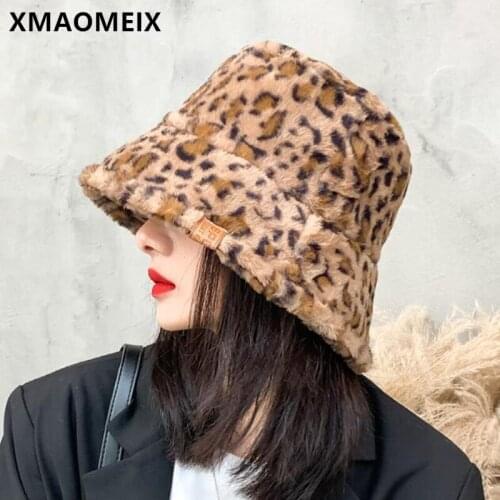 XMAOMEIX New Winter Womens Warm Plus Cashmere Thicken Fluff Bucket Hats Elegant Ladies Leopard Hat Thermal Student Hip Hop Hat