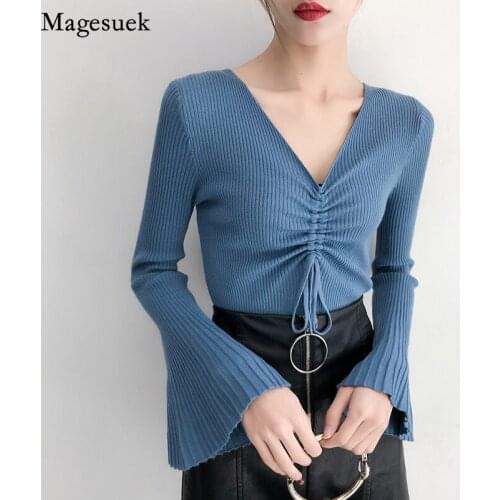 Drawstring Sweater women 2021 Autumn Winter Flare Long Sleeve Women Sweater V-neck Solid Pullover Women Knitted Sweater 5221 50
