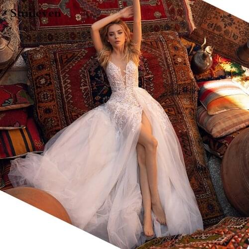 Smileven A Line Wedding Dress Spaghetti Strap Boho Bridal Dresses arabic Vestido De Noiva Side Split Wedding Gowns For Girl
