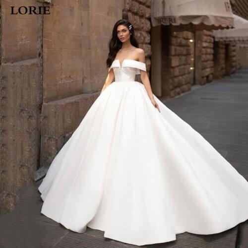 LORIE Off The Shoulder Wedding Dresses Satin Princess Bride Dresses Long Train White Ivory Wedding Ball Gown Plus Size