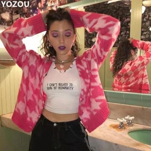 Harajuku vintage 90s e girl kawaii sweet pink Houndstooth autumn winter warm sweater plaid pink v neck short cardigan for women