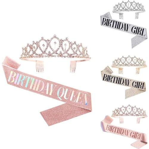 Bling Rhinestone Crystal Crown Tiara Birthday Anniversary Decoration Happy 18 21 30 40 50th Birthday Satin Sash Party Supplies