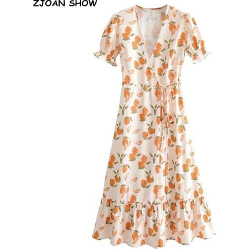 France style Fruits Floral Short Sleeve Wrap Dress V neck Lace Up Knot Midi Dress Vintage Print Mid Calf Vacation Dresses Women