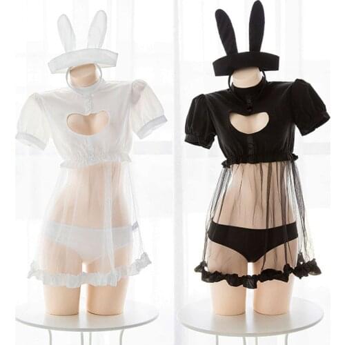 Lolita Rabbit Nurse Cosplay Uniform Love Heart Hollow Out Perspective Nightdress Women Cute Sexy Lingerie Suit With Tail